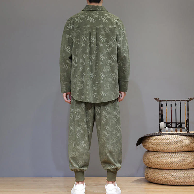 Set di 2 giacche e pantaloni a maniche lunghe in velluto a coste di cotone con bottoni a rana, da uomo, invernali, spessi, in bambù, con tasche, Buddha Stones - Image 4