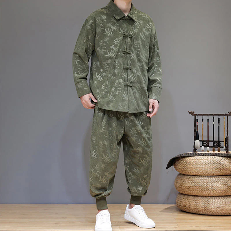 Set di 2 giacche e pantaloni a maniche lunghe in velluto a coste di cotone con bottoni a rana, da uomo, invernali, spessi, in bambù, con tasche, Buddha Stones - Image 6