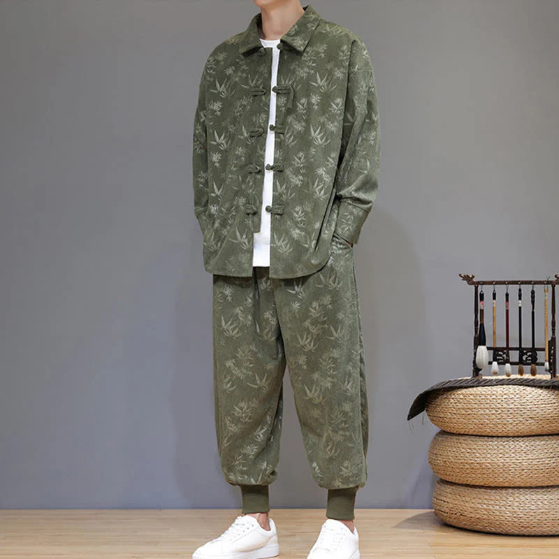 Set di 2 giacche e pantaloni a maniche lunghe in velluto a coste di cotone con bottoni a rana, da uomo, invernali, spessi, in bambù, con tasche, Buddha Stones - Image 7