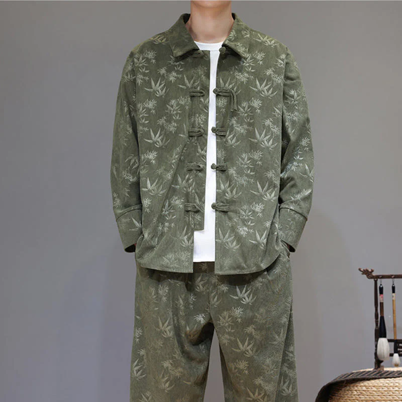Set di 2 giacche e pantaloni a maniche lunghe in velluto a coste di cotone con bottoni a rana, da uomo, invernali, spessi, in bambù, con tasche, Buddha Stones - Image 8
