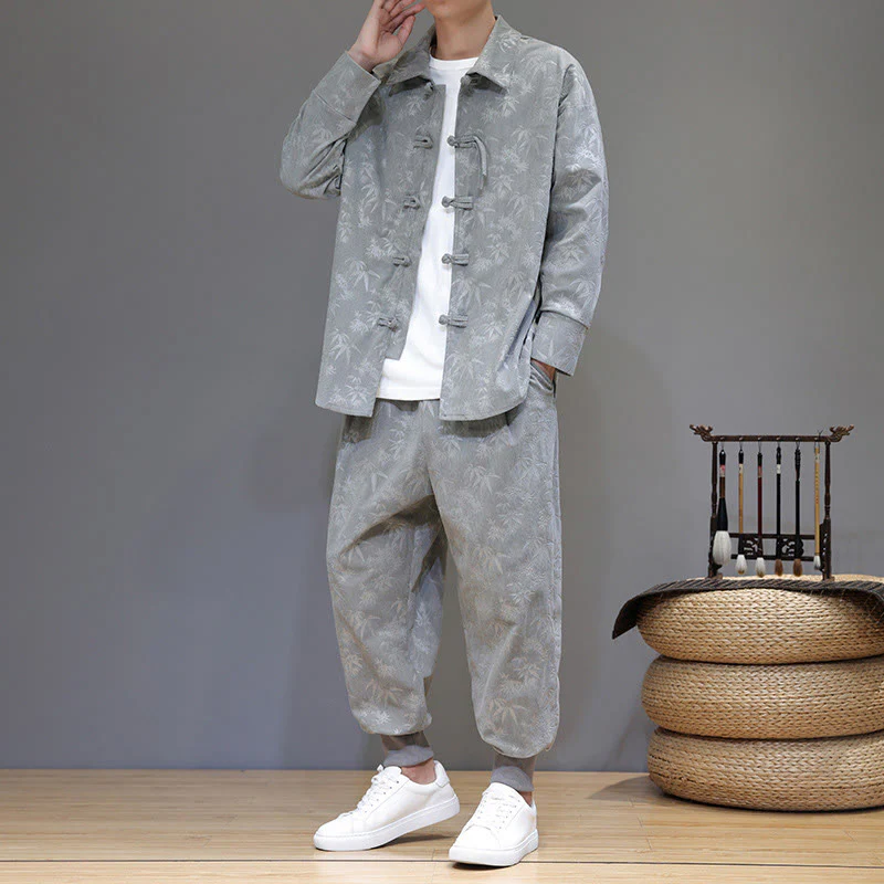 Set di 2 giacche e pantaloni a maniche lunghe in velluto a coste di cotone con bottoni a rana, da uomo, invernali, spessi, in bambù, con tasche, Buddha Stones - Image 9