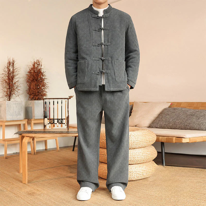 Set di 2 giacche e pantaloni invernali da uomo in cotone con bottoni a rana, a maniche lunghe, con tasche, Buddha Stones