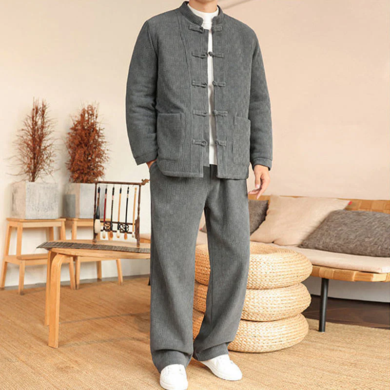 Set di 2 giacche e pantaloni invernali da uomo in cotone con bottoni a rana, a maniche lunghe, con tasche, Buddha Stones - Image 3