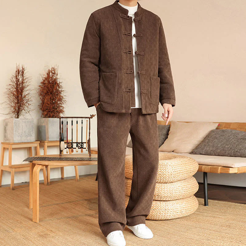Set di 2 giacche e pantaloni invernali da uomo in cotone con bottoni a rana, a maniche lunghe, con tasche, Buddha Stones - Image 30
