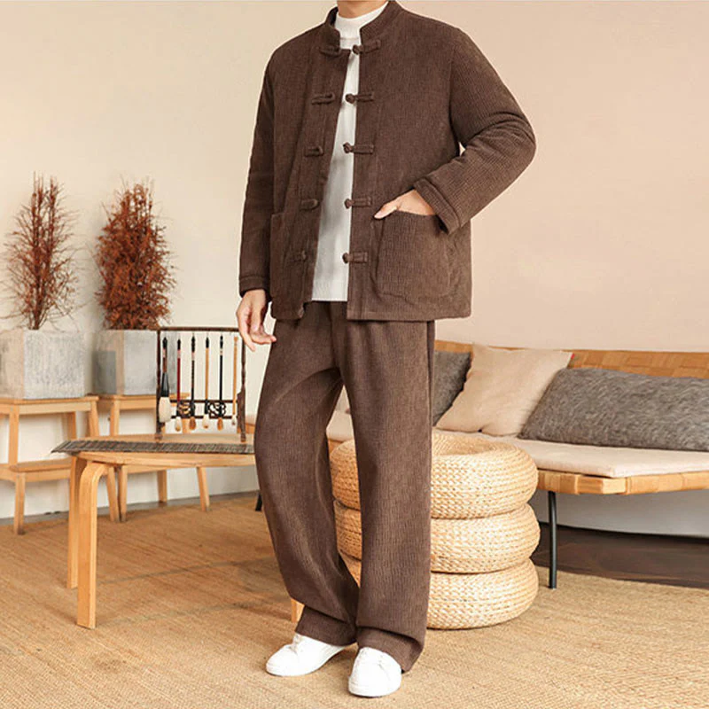 Set di 2 giacche e pantaloni invernali da uomo in cotone con bottoni a rana, a maniche lunghe, con tasche, Buddha Stones - Image 32