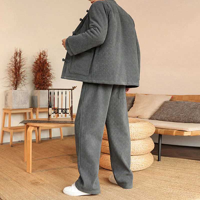 Set di 2 giacche e pantaloni invernali da uomo in cotone con bottoni a rana, a maniche lunghe, con tasche, Buddha Stones - Image 4