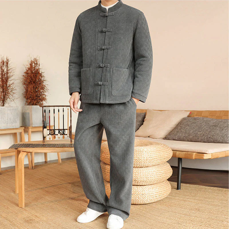 Set di 2 giacche e pantaloni invernali da uomo in cotone con bottoni a rana, a maniche lunghe, con tasche, Buddha Stones - Image 5