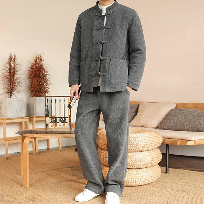 Set di 2 giacche e pantaloni invernali da uomo in cotone con bottoni a rana, a maniche lunghe, con tasche, Buddha Stones - Image 6