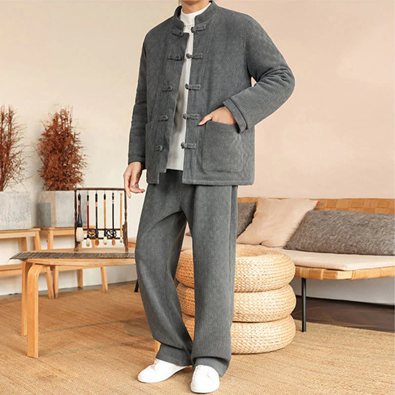 Set di 2 giacche e pantaloni invernali da uomo in cotone con bottoni a rana, a maniche lunghe, con tasche, Buddha Stones - Image 7
