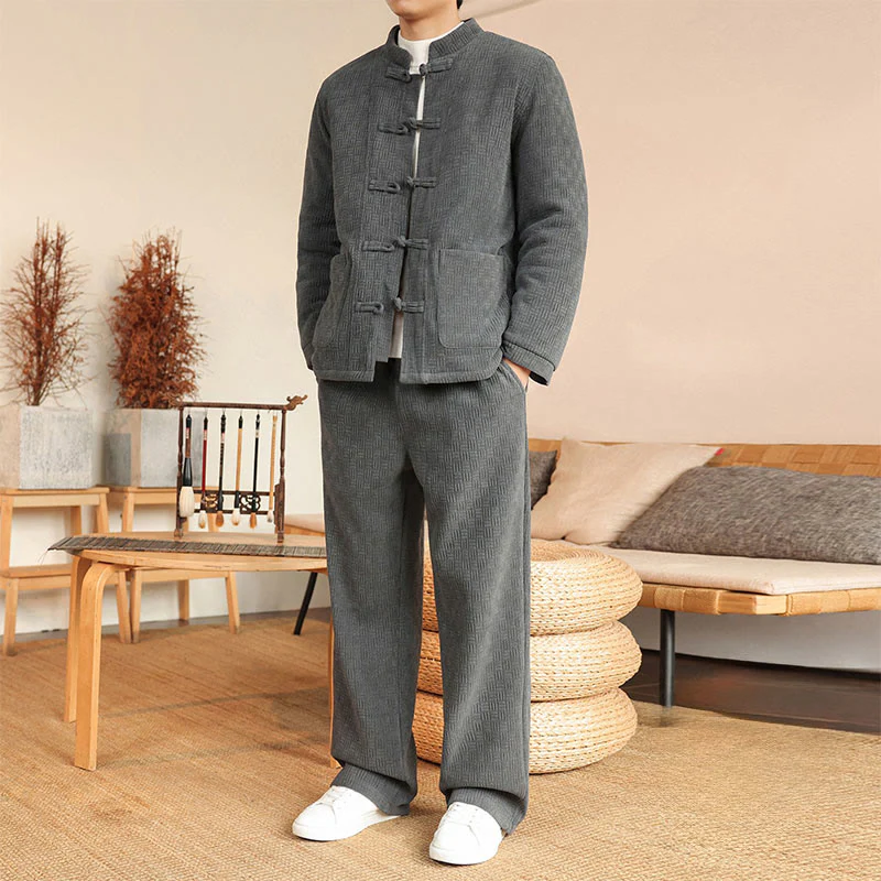 Set di 2 giacche e pantaloni invernali da uomo in cotone con bottoni a rana, a maniche lunghe, con tasche, Buddha Stones - Image 8