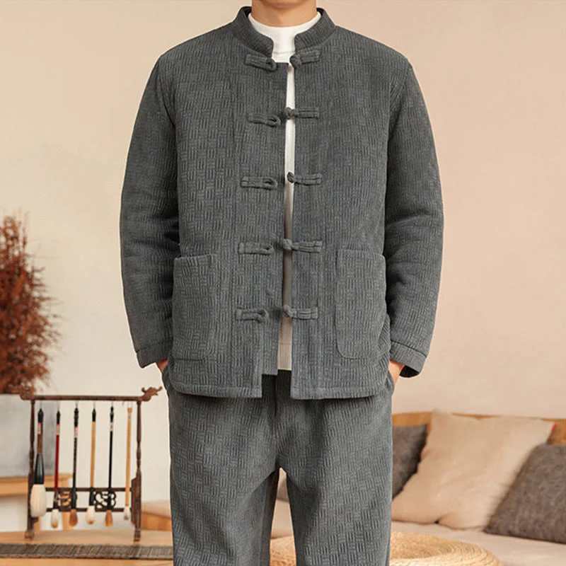 Set di 2 giacche e pantaloni invernali da uomo in cotone con bottoni a rana, a maniche lunghe, con tasche, Buddha Stones - Image 9