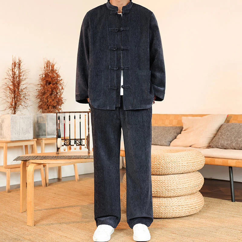 Set di 2 giacche e pantaloni invernali spessi da uomo in velluto a coste di cotone con bottoni a rana, con tasche e maniche lunghe , Buddha Stones