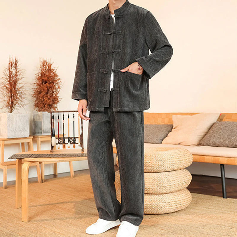 Set di 2 giacche e pantaloni invernali spessi da uomo in velluto a coste di cotone con bottoni a rana, con tasche e maniche lunghe , Buddha Stones - Image 10
