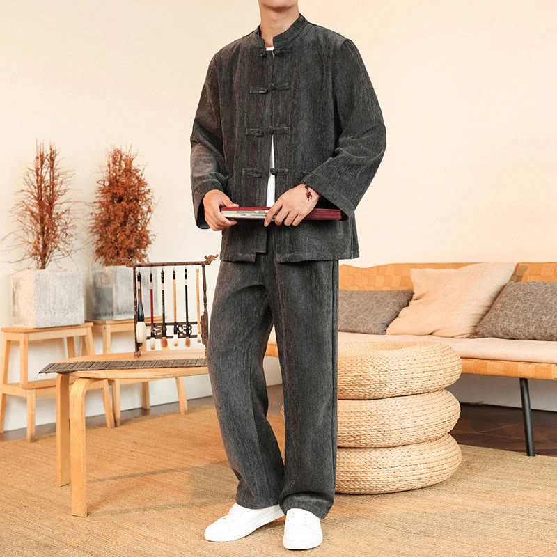 Set di 2 giacche e pantaloni invernali spessi da uomo in velluto a coste di cotone con bottoni a rana, con tasche e maniche lunghe , Buddha Stones - Image 11