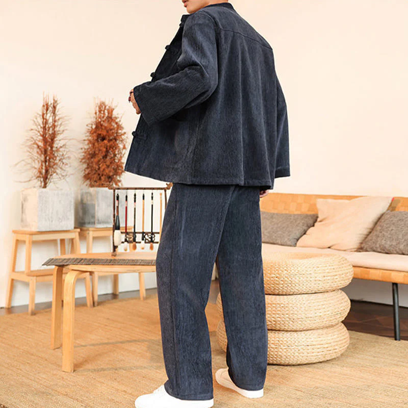Set di 2 giacche e pantaloni invernali spessi da uomo in velluto a coste di cotone con bottoni a rana, con tasche e maniche lunghe , Buddha Stones - Image 12