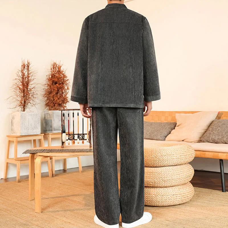 Set di 2 giacche e pantaloni invernali spessi da uomo in velluto a coste di cotone con bottoni a rana, con tasche e maniche lunghe , Buddha Stones - Image 13
