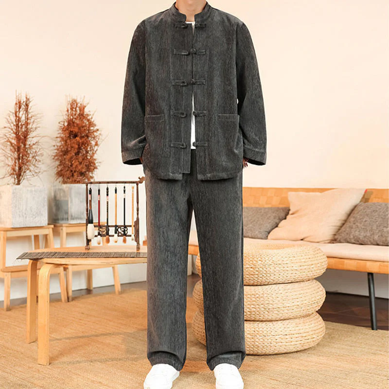 Set di 2 giacche e pantaloni invernali spessi da uomo in velluto a coste di cotone con bottoni a rana, con tasche e maniche lunghe , Buddha Stones - Image 14