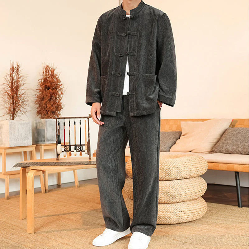 Set di 2 giacche e pantaloni invernali spessi da uomo in velluto a coste di cotone con bottoni a rana, con tasche e maniche lunghe , Buddha Stones - Image 15