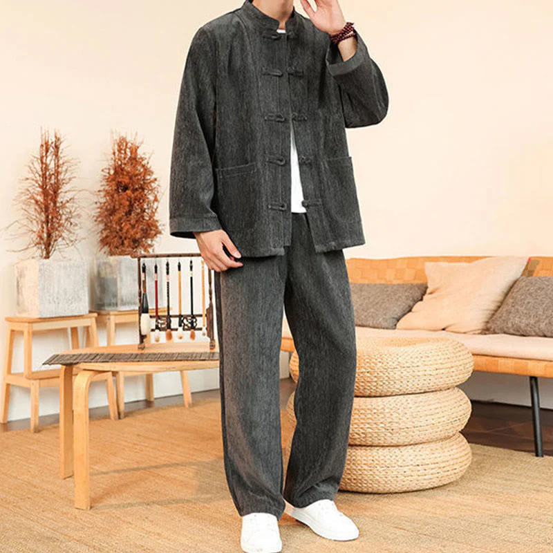 Set di 2 giacche e pantaloni invernali spessi da uomo in velluto a coste di cotone con bottoni a rana, con tasche e maniche lunghe , Buddha Stones - Image 16