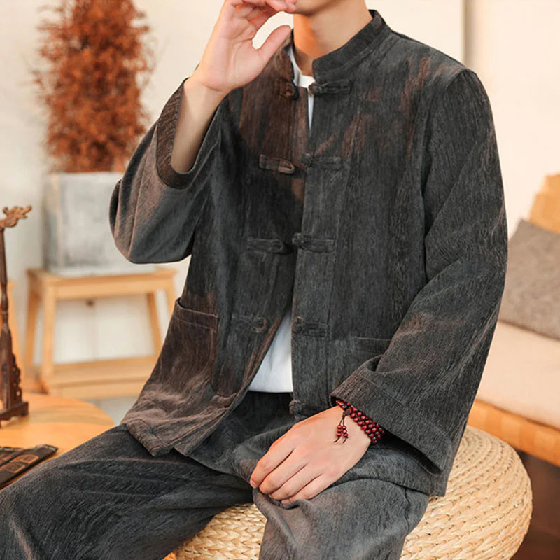 Set di 2 giacche e pantaloni invernali spessi da uomo in velluto a coste di cotone con bottoni a rana, con tasche e maniche lunghe , Buddha Stones - Image 17