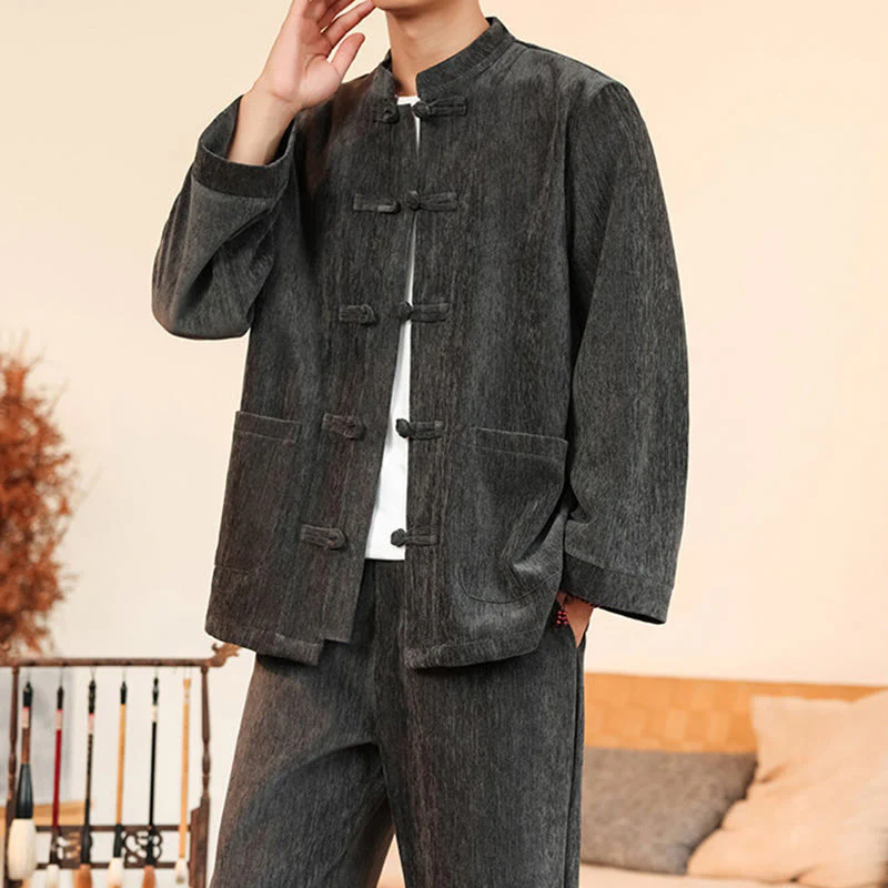 Set di 2 giacche e pantaloni invernali spessi da uomo in velluto a coste di cotone con bottoni a rana, con tasche e maniche lunghe , Buddha Stones - Image 18