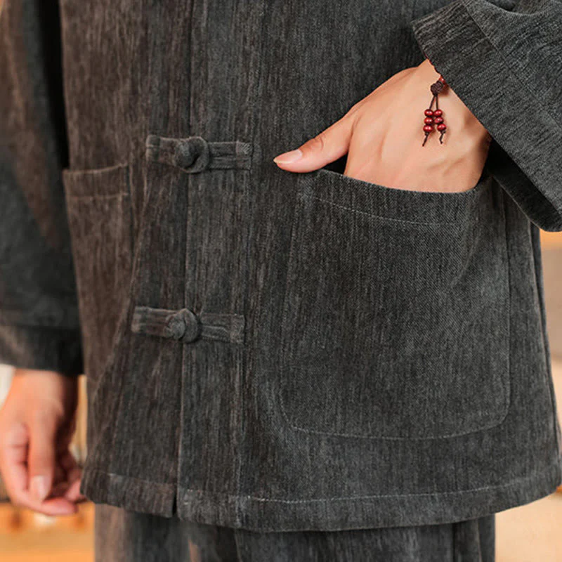 Set di 2 giacche e pantaloni invernali spessi da uomo in velluto a coste di cotone con bottoni a rana, con tasche e maniche lunghe , Buddha Stones - Image 19