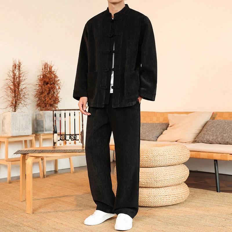 Set di 2 giacche e pantaloni invernali spessi da uomo in velluto a coste di cotone con bottoni a rana, con tasche e maniche lunghe , Buddha Stones - Image 23