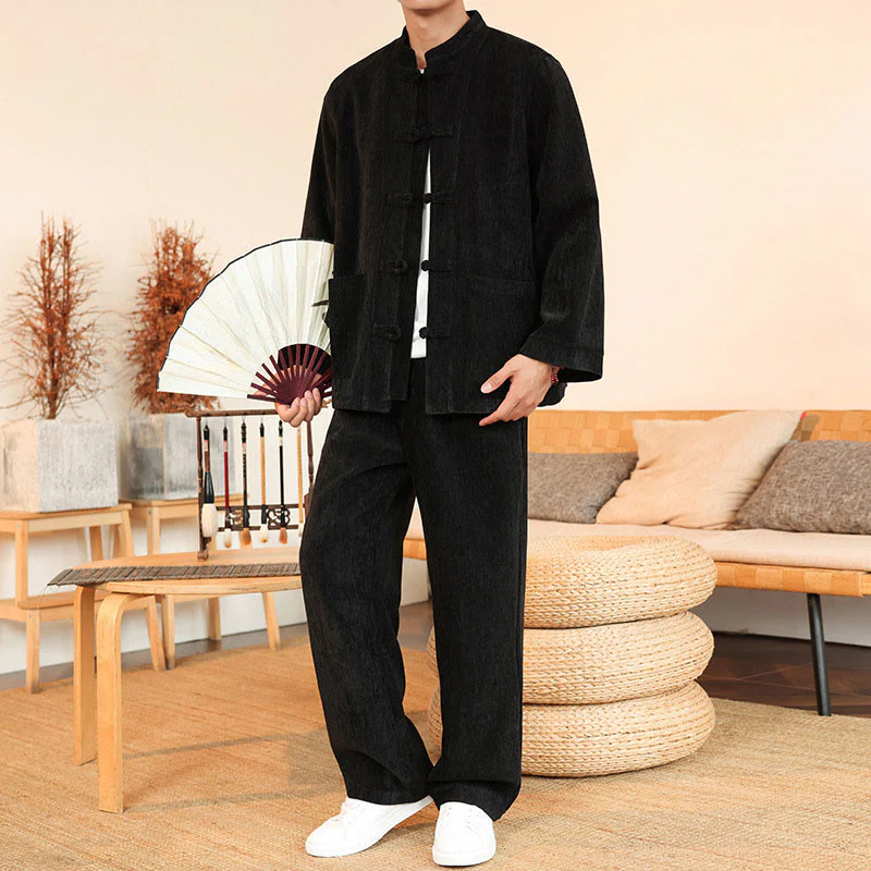 Set di 2 giacche e pantaloni invernali spessi da uomo in velluto a coste di cotone con bottoni a rana, con tasche e maniche lunghe , Buddha Stones - Image 25