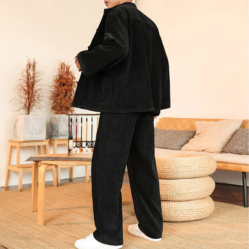 Set di 2 giacche e pantaloni invernali spessi da uomo in velluto a coste di cotone con bottoni a rana, con tasche e maniche lunghe , Buddha Stones - Image 26