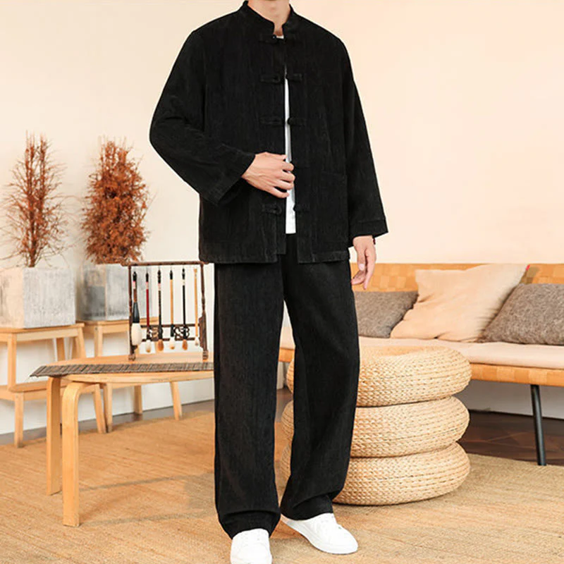 Set di 2 giacche e pantaloni invernali spessi da uomo in velluto a coste di cotone con bottoni a rana, con tasche e maniche lunghe , Buddha Stones - Image 27