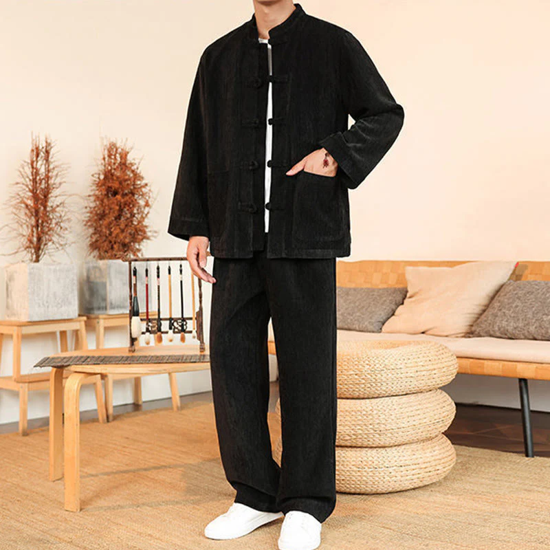 Set di 2 giacche e pantaloni invernali spessi da uomo in velluto a coste di cotone con bottoni a rana, con tasche e maniche lunghe , Buddha Stones - Image 29