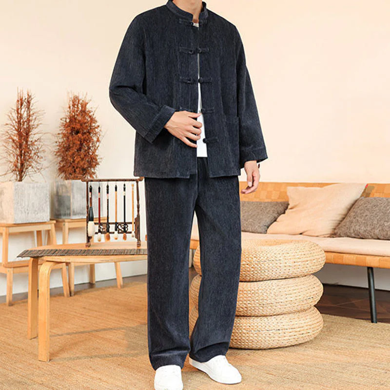 Set di 2 giacche e pantaloni invernali spessi da uomo in velluto a coste di cotone con bottoni a rana, con tasche e maniche lunghe , Buddha Stones - Image 3