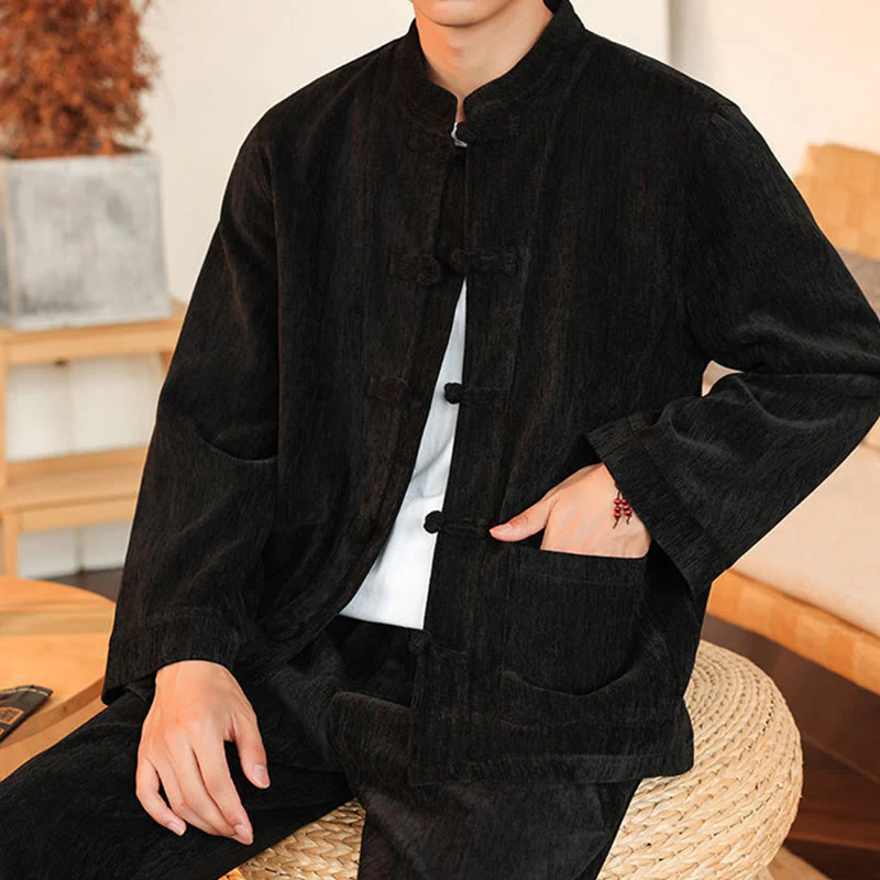 Set di 2 giacche e pantaloni invernali spessi da uomo in velluto a coste di cotone con bottoni a rana, con tasche e maniche lunghe , Buddha Stones - Image 30