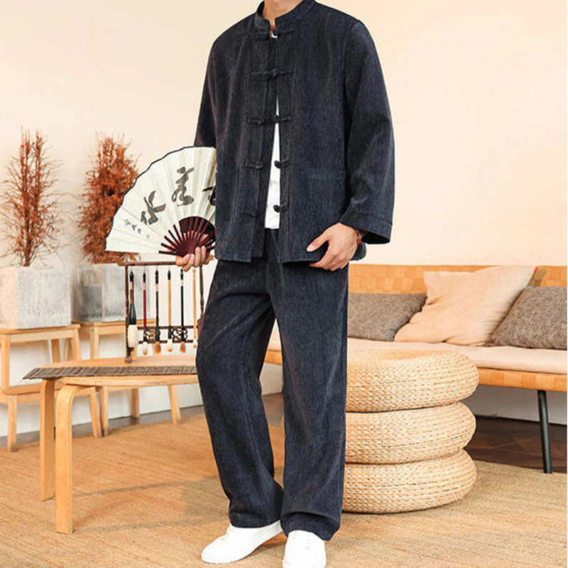 Set di 2 giacche e pantaloni invernali spessi da uomo in velluto a coste di cotone con bottoni a rana, con tasche e maniche lunghe , Buddha Stones - Image 6