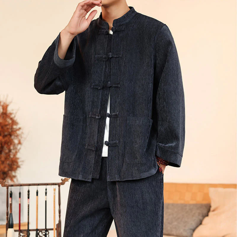 Set di 2 giacche e pantaloni invernali spessi da uomo in velluto a coste di cotone con bottoni a rana, con tasche e maniche lunghe , Buddha Stones - Image 8