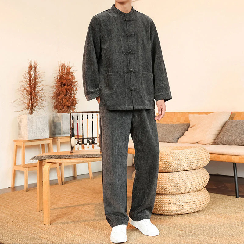 Set di 2 giacche e pantaloni invernali spessi da uomo in velluto a coste di cotone con bottoni a rana, con tasche e maniche lunghe , Buddha Stones - Image 9