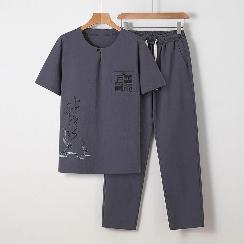 Set di 2 pezzi Buddha Stones, caratteri cinesi, gru, camicia in cotone, pantaloni con tasche, panno da meditazione per uomo - Image 18