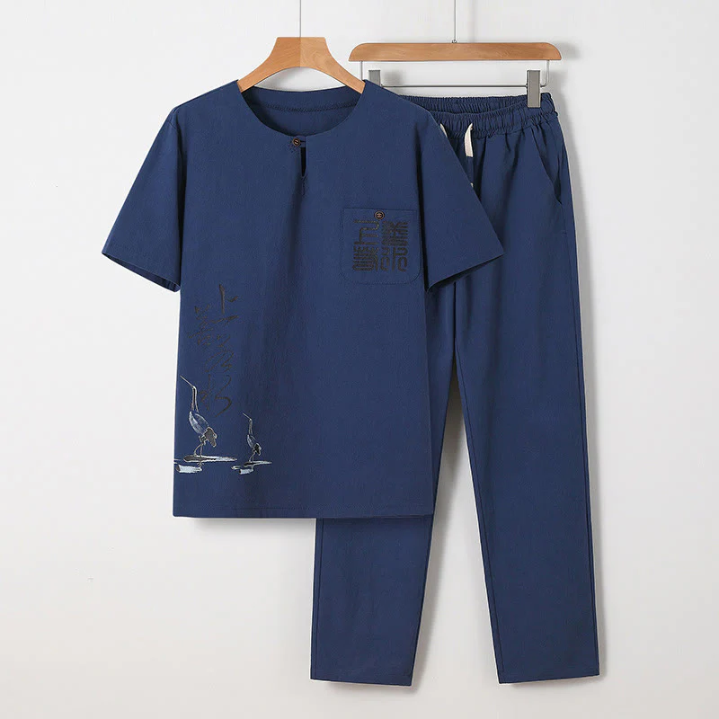 Set di 2 pezzi Buddha Stones, caratteri cinesi, gru, camicia in cotone, pantaloni con tasche, panno da meditazione per uomo - Image 6