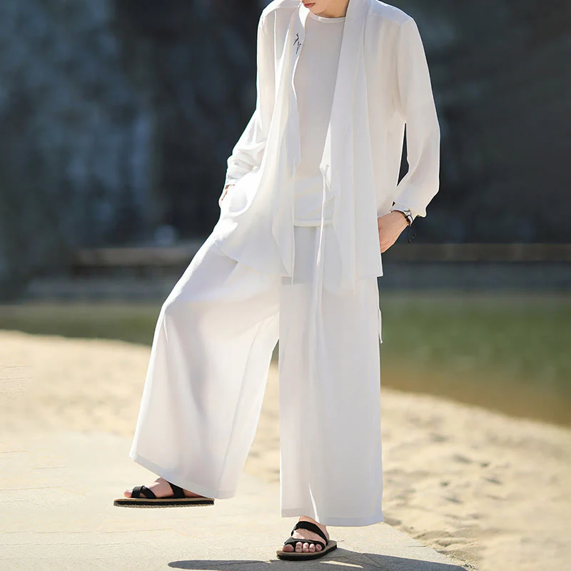 Set di 2 pezzi Buddha Stones, kimono in cotone con lacci e ricamo in bambù, pantaloni alla caviglia con tasche, set di stoffa per meditazione da uomo - Image 12