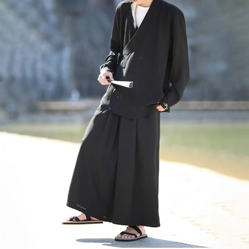 Set di 2 pezzi Buddha Stones, kimono in cotone con lacci e ricamo in bambù, pantaloni alla caviglia con tasche, set di stoffa per meditazione da uomo - Image 6