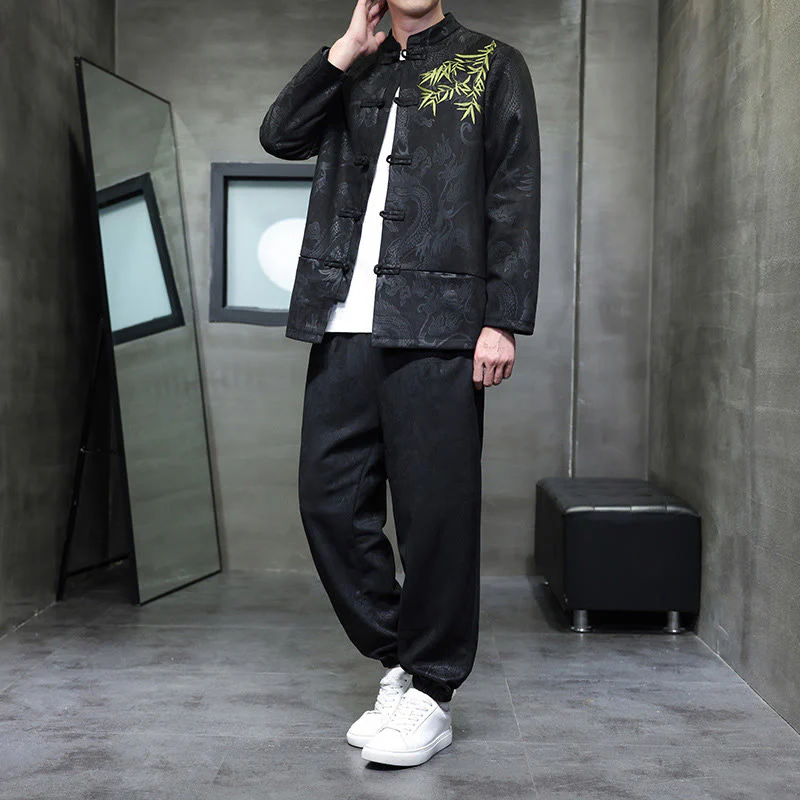 Set di 2 pezzi Buddha Stones Spring Dragon Bamboo Clouds da uomo Tang Suit Frog-Bottone in cotone Giacca a maniche lunghe Pantaloni con tasche - Image 22
