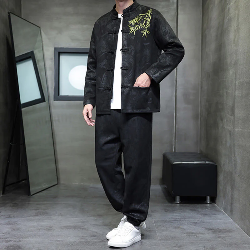 Set di 2 pezzi Buddha Stones Spring Dragon Bamboo Clouds da uomo Tang Suit Frog-Bottone in cotone Giacca a maniche lunghe Pantaloni con tasche - Image 24