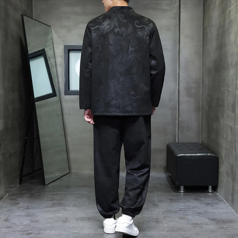 Set di 2 pezzi Buddha Stones Spring Dragon Bamboo Clouds da uomo Tang Suit Frog-Bottone in cotone Giacca a maniche lunghe Pantaloni con tasche - Image 25
