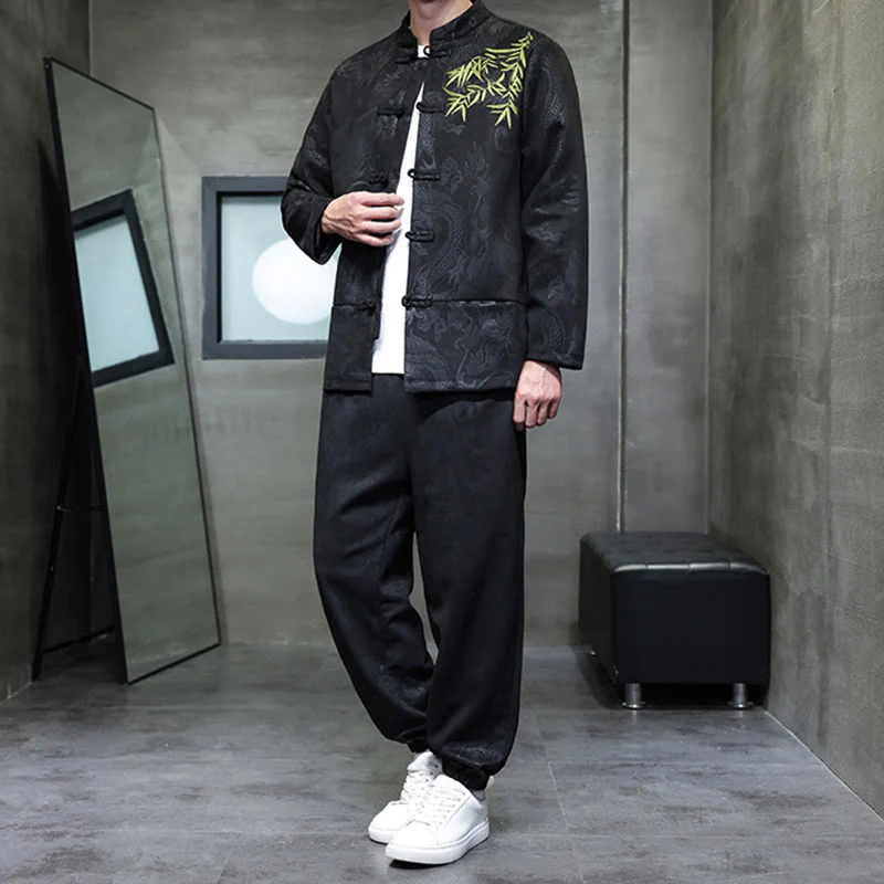Set di 2 pezzi Buddha Stones Spring Dragon Bamboo Clouds da uomo Tang Suit Frog-Bottone in cotone Giacca a maniche lunghe Pantaloni con tasche - Image 29