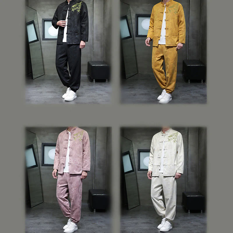 Set di 2 pezzi Buddha Stones Spring Dragon Bamboo Clouds da uomo Tang Suit Frog-Bottone in cotone Giacca a maniche lunghe Pantaloni con tasche - Image 40