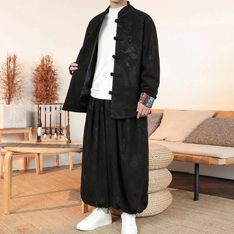 Set di 2 pezzi da uomo autunno inverno con giacca e pantaloni a maniche lunghe in cotone con bottoni e drago, stile "Buddha Stones" - Image 10