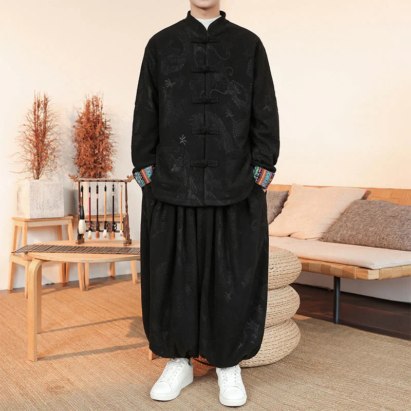 Set di 2 pezzi da uomo autunno inverno con giacca e pantaloni a maniche lunghe in cotone con bottoni e drago, stile "Buddha Stones" - Image 2