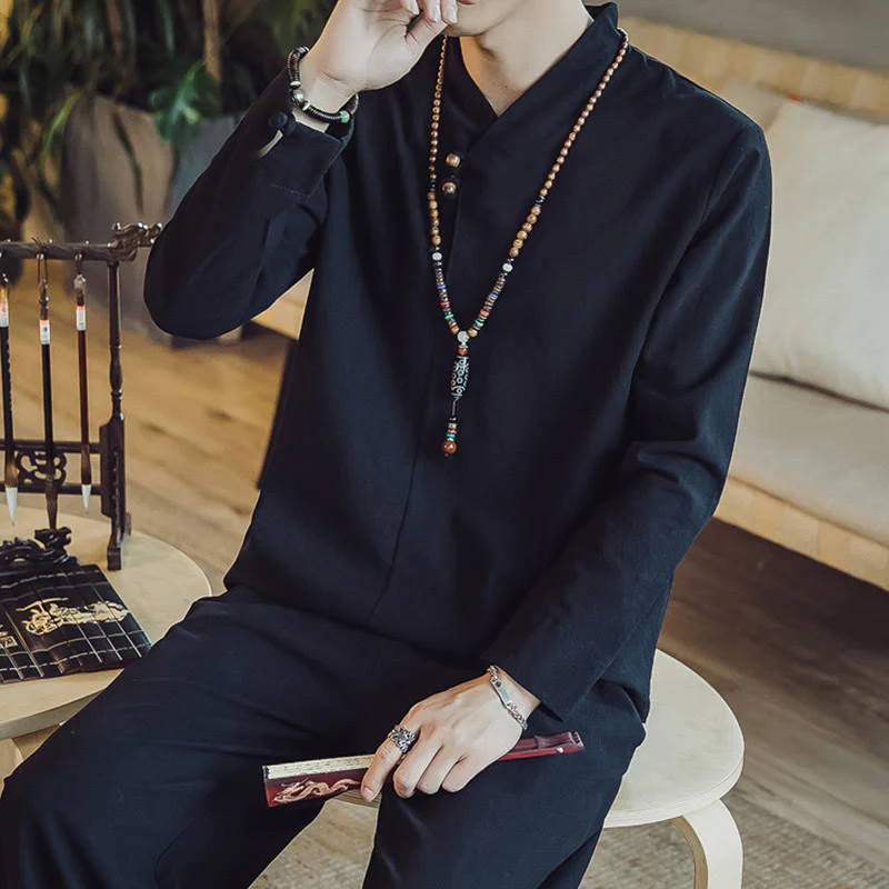 Set di 2 pezzi di stoffa per meditazione da uomo, con camicia in cotone e pantaloni alla caviglia con tasche, motivo Buddha Stones - Image 17