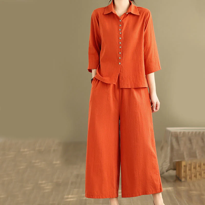 Set di abbigliamento da meditazione casual da donna con camicia e pantaloni larghi e colletto rialzato Buddha Stones 2 pezzi - Image 10