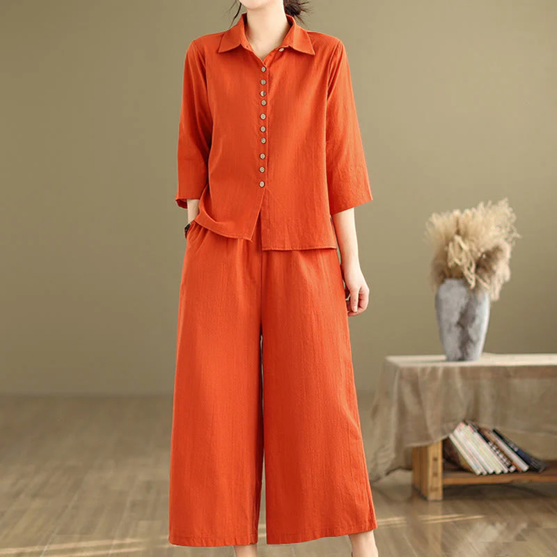 Set di abbigliamento da meditazione casual da donna con camicia e pantaloni larghi e colletto rialzato Buddha Stones 2 pezzi - Image 11